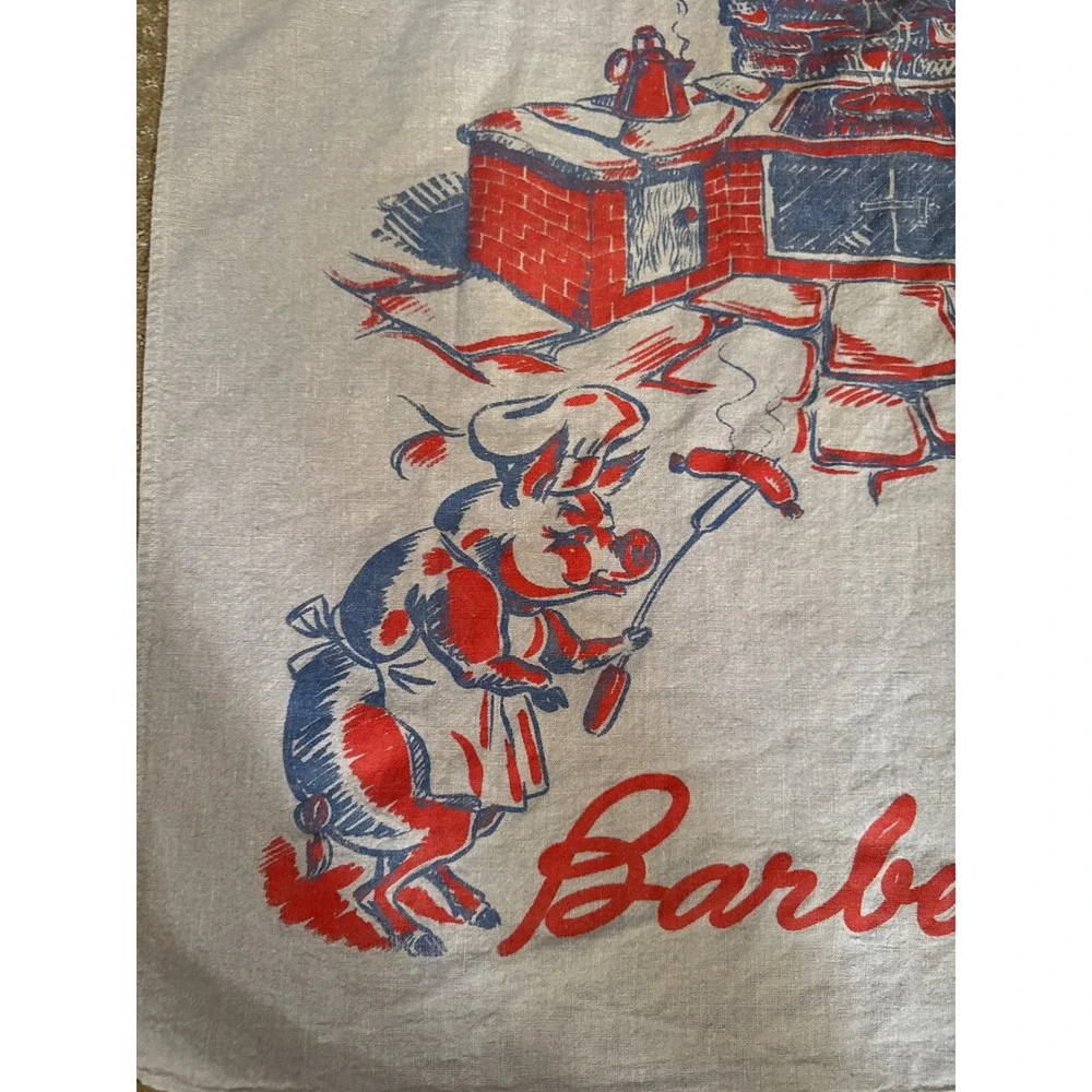 Vintage Mid Century Barbecue Apron Pig Bull Graphic Print Gray Red Blue MCM BBQ
